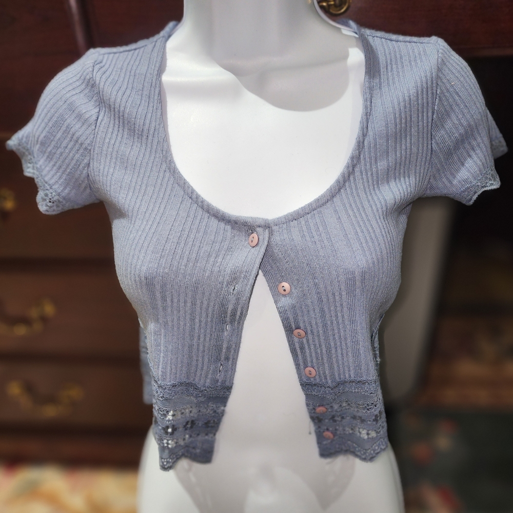 Aeropostale Blue Cropped Ribbed Shirt/Cardigan XS